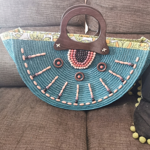 RETRO semi circular embroidered wicker straw bag giannetti - Picture 5 of 14